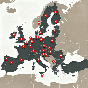 Kaart Euroopast punaste markeritega, mis näitavad valitud kohti mitmes Euroopa riigis.
